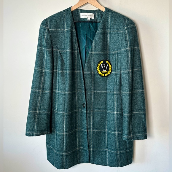 Upcycled OOAK Vintage Teal Plaid Pane Lapel-less Long Blazer Jacket  By Jones NY - Picture 1 of 5